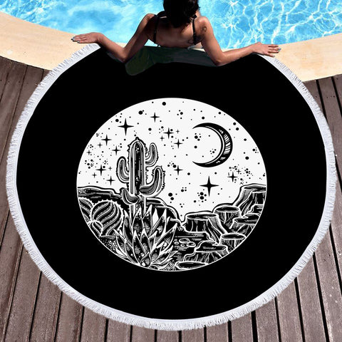 Image of B&W Gothic Cactus In Night Sketch SWST5160 Round Beach Towel