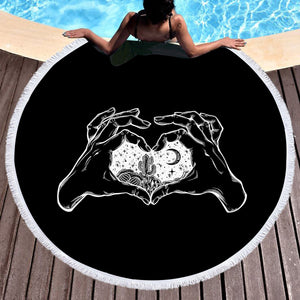 B&W Heart Hands Night Cactus Sketch SWST5161 Round Beach Towel