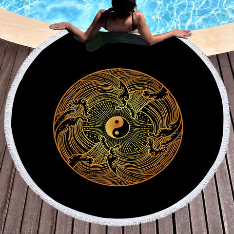 Image of Golden Circle Yin Yang Seamless Wave Pattern SWST5162 Round Beach Towel