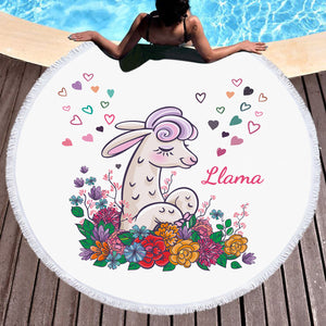 Cute Llama In Colorful Flower Garden SWST5163 Round Beach Towel