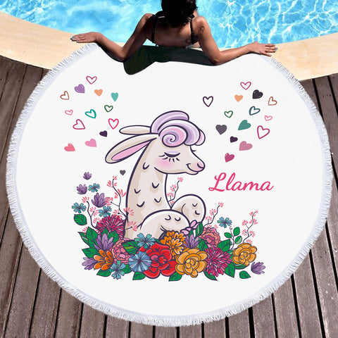 Image of Cute Llama In Colorful Flower Garden SWST5163 Round Beach Towel