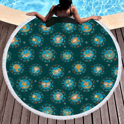 Image of Multi Animal Zodiac Sign Green Theme SWST5164 Round Beach Towel