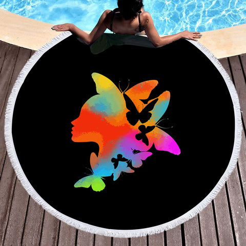 Image of Gradient Colorful Butterflies Lady Face SWST5168 Round Beach Towel