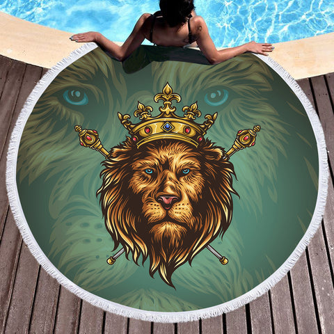 Image of Golden King Crown Lion Green Theme SWST5172 Round Beach Towel