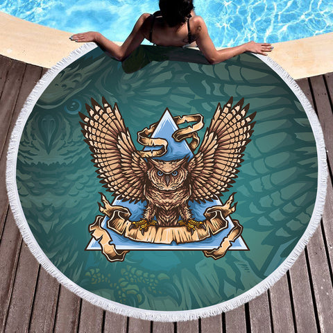 Image of Old School Flying Owl Triangle Green Theme SWST5173 Round Beach Towel