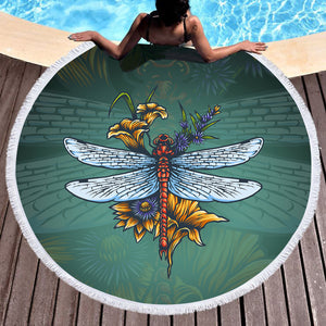 Old School Color Floral Dragonfly SWST5174 Round Beach Towel