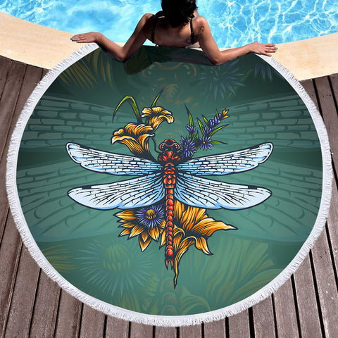 Image of Old School Color Floral Dragonfly SWST5174 Round Beach Towel