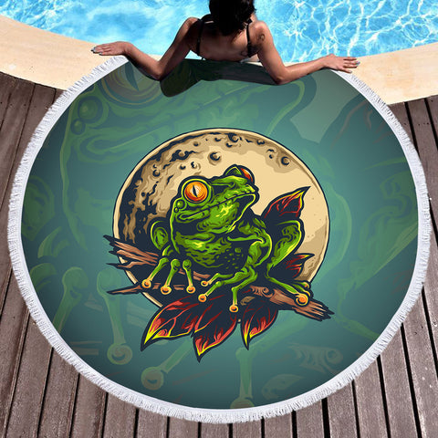 Image of Old School Color Frog Moon Night SWST5176 Round Beach Towel