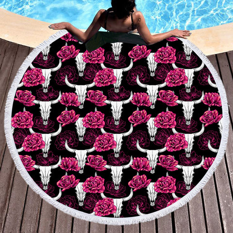 Image of Multi Pink Roses & Buffalo Skull SWST5186 Round Beach Towel