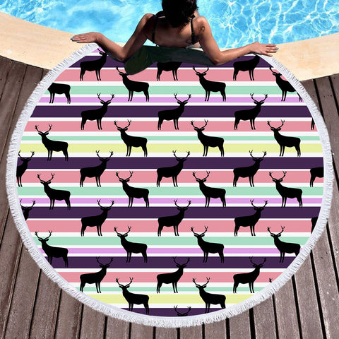 Image of Multi Black Deer Coloful Stripes SWST5191 Round Beach Towel