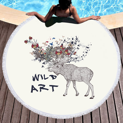 Image of Floral Deer Sketch Wild Art SWST5192 Round Beach Towel