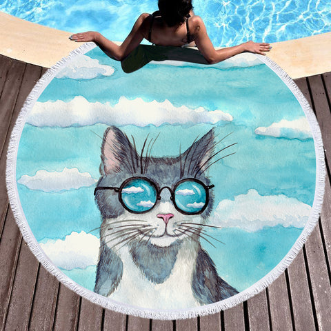 Image of Cute Sunglasses Cat Light Cloud SWST5195 Round Beach Towel