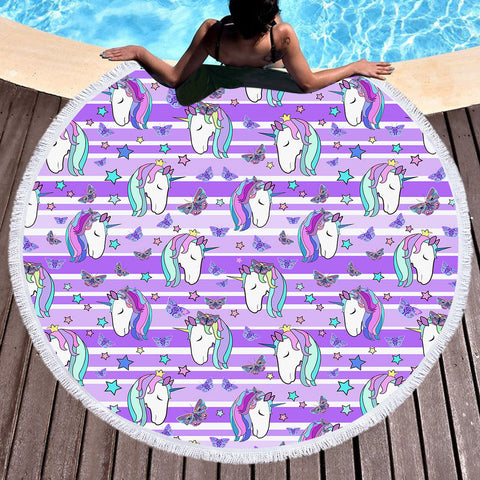 Image of Multi Unicorn Pink Stripes SWST5196 Round Beach Towel