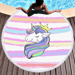 Happy Unicorn Queen Crown Colorful Stripes SWST5203 Round Beach Towel