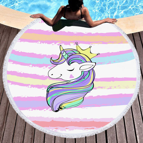 Image of Happy Unicorn Queen Crown Colorful Stripes SWST5203 Round Beach Towel