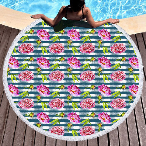 Image of Flower Stripe Bluetint Theme SWST5245 Round Beach Towel