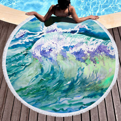 Image of Watercolor Blue Waves Japanese Art SWST5246 Round Beach Towel