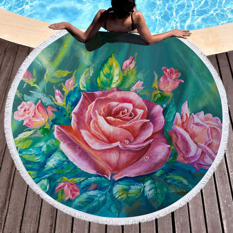 Image of Watercolor Pink Roses Green Theme SWST5250 Round Beach Towel