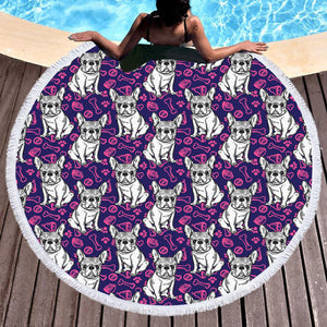 Multi Little Pug Cute Food Sketch Purple Theme SWST5252 Round Beach Towel