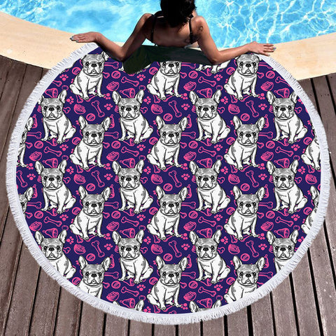 Image of Multi Little Pug Cute Food Sketch Purple Theme SWST5252 Round Beach Towel
