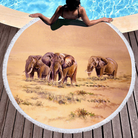 Image of Watercolor Elephants In Desert SWST5253 Round Beach Towel