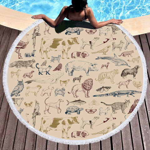 Image of Vintage Color Animal Sketch SWST5255 Round Beach Towel
