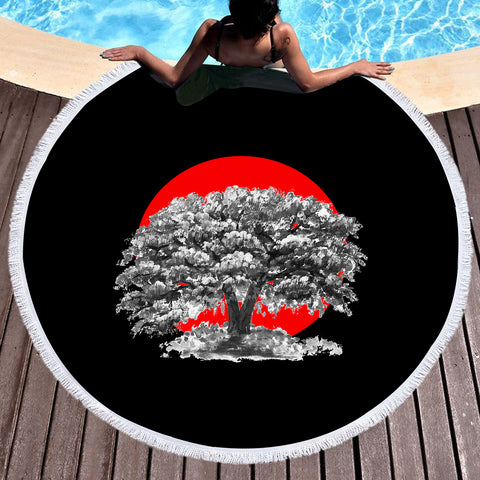 Image of Big Tree Red Sun Japanese Art SWST5257 Round Beach Towel