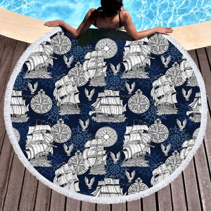Vintage Pirate Ship & Eagles SWST5261 Round Beach Towel