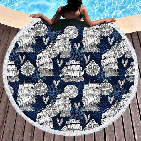 Image of Vintage Pirate Ship & Eagles SWST5261 Round Beach Towel