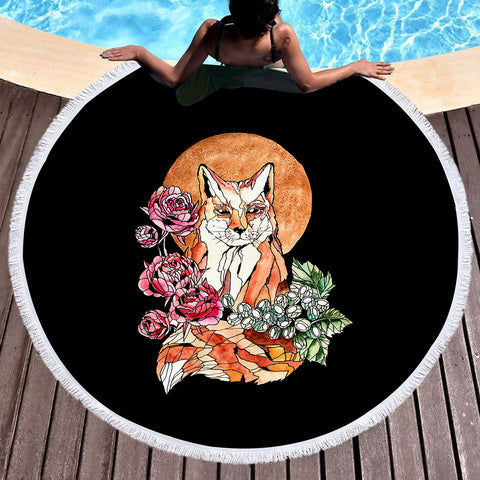 Image of Watercolor Floral Fox Illustration SWST5266 Round Beach Towel