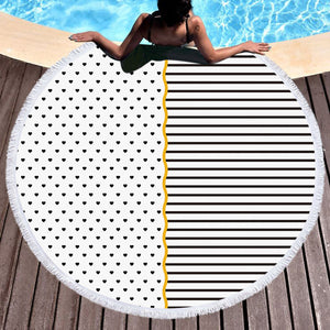 B&W Multi Heart Dot & Stripes Golden Line SWST5267 Round Beach Towel