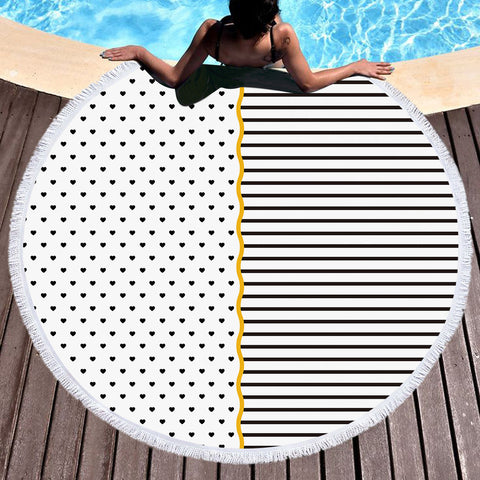 Image of B&W Multi Heart Dot & Stripes Golden Line SWST5267 Round Beach Towel