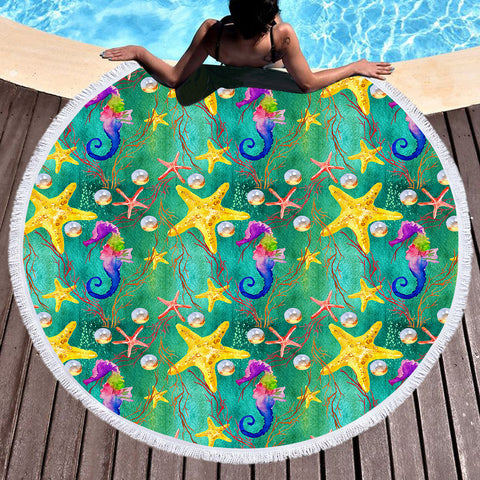 Image of Multi Seahorses & Starfishes SWST5328 Round Beach Towel
