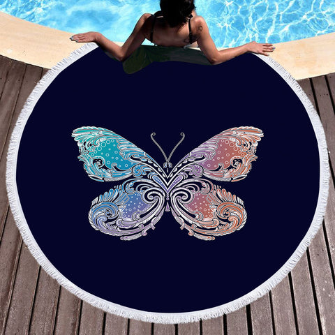 Image of 2-Tone Gradient Blue Red Butterfly Navy Theme SWST5329 Round Beach Towel