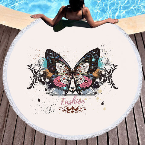 Image of Fashion Butterfly White Theme SWST5330 Round Beach Towel