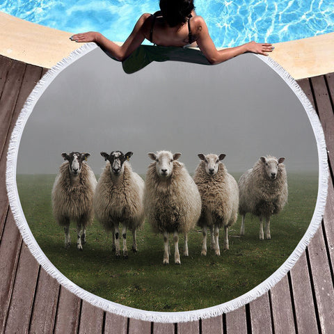 Image of Five Standing Sheeps Dark Theme SWST5332 Round Beach Towel