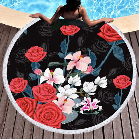 Image of Roses Black Shadow Theme SWST5336 Round Beach Towel