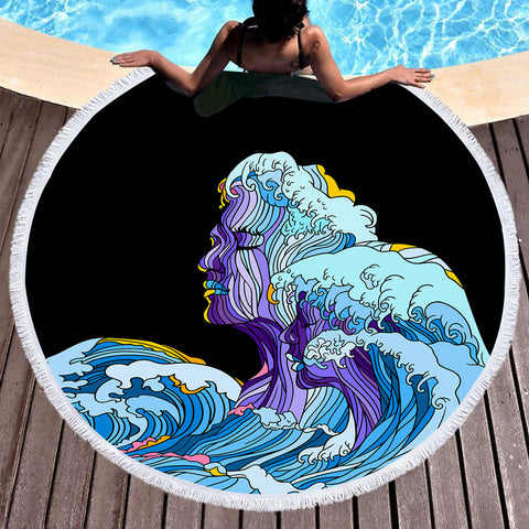 Image of Modern Art - Face Waves Pink & Blue Illustration SWST5338 Round Beach Towel