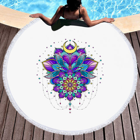 Image of Half Moon Purple Mandala Illustration SWST5340 Round Beach Towel