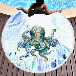 Watercolor Big Octopus Blue & Green Theme SWST5341 Round Beach Towel