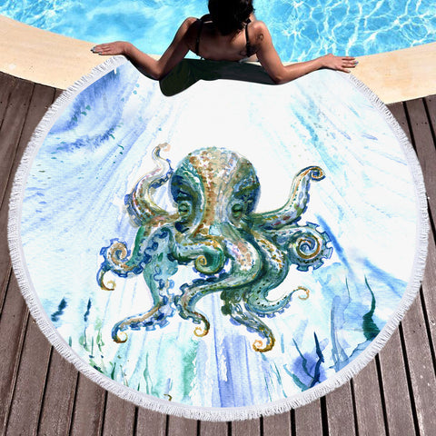 Image of Watercolor Big Octopus Blue & Green Theme SWST5341 Round Beach Towel