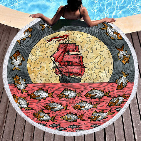 Image of Multi Fishes & Pirate Ship Dark Theme Color Pencil Sketch SWST5345 Round Beach Towel