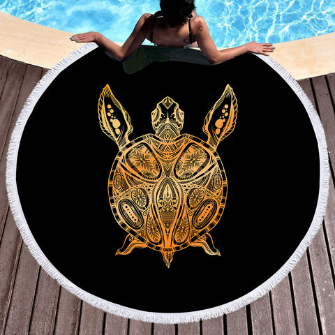 Image of Golden Aztec Pattern Turtle SWST5348 Round Beach Towel