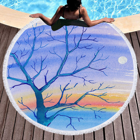 Image of Watercolor Big Tree & Rainbow Blue Theme SWST5351 Round Beach Towel