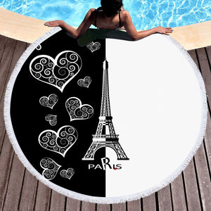 B&W Multi Heart & Eiffel Tower In Paris SWST5352 Round Beach Towel