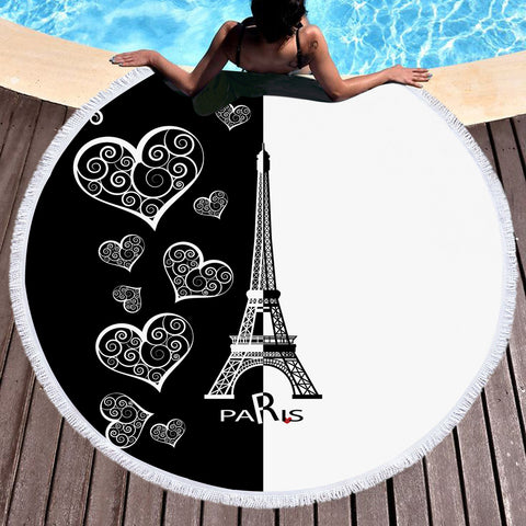 Image of B&W Multi Heart & Eiffel Tower In Paris SWST5352 Round Beach Towel
