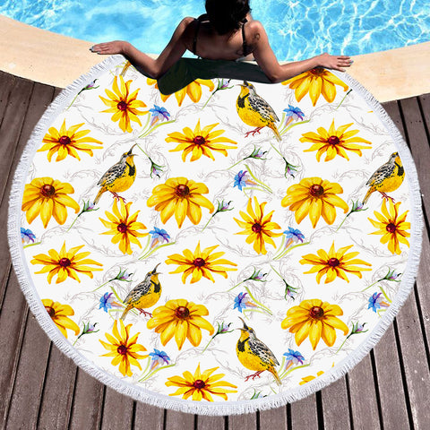 Image of Multi Yellow Aster Flowers & Sunbirds SWST5353 Round Beach Towel