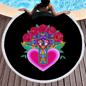 Old School Cross Heart Illustration Pink Color SWST5356 Round Beach Towel