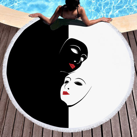 Image of B&W Face Masks Red Lips SWST5447 Round Beach Towel