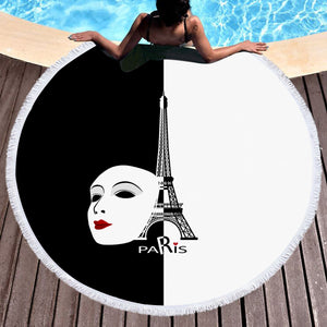 B&W Paris Eiffel Tower Face Mask Red Lips SWST5448 Round Beach Towel